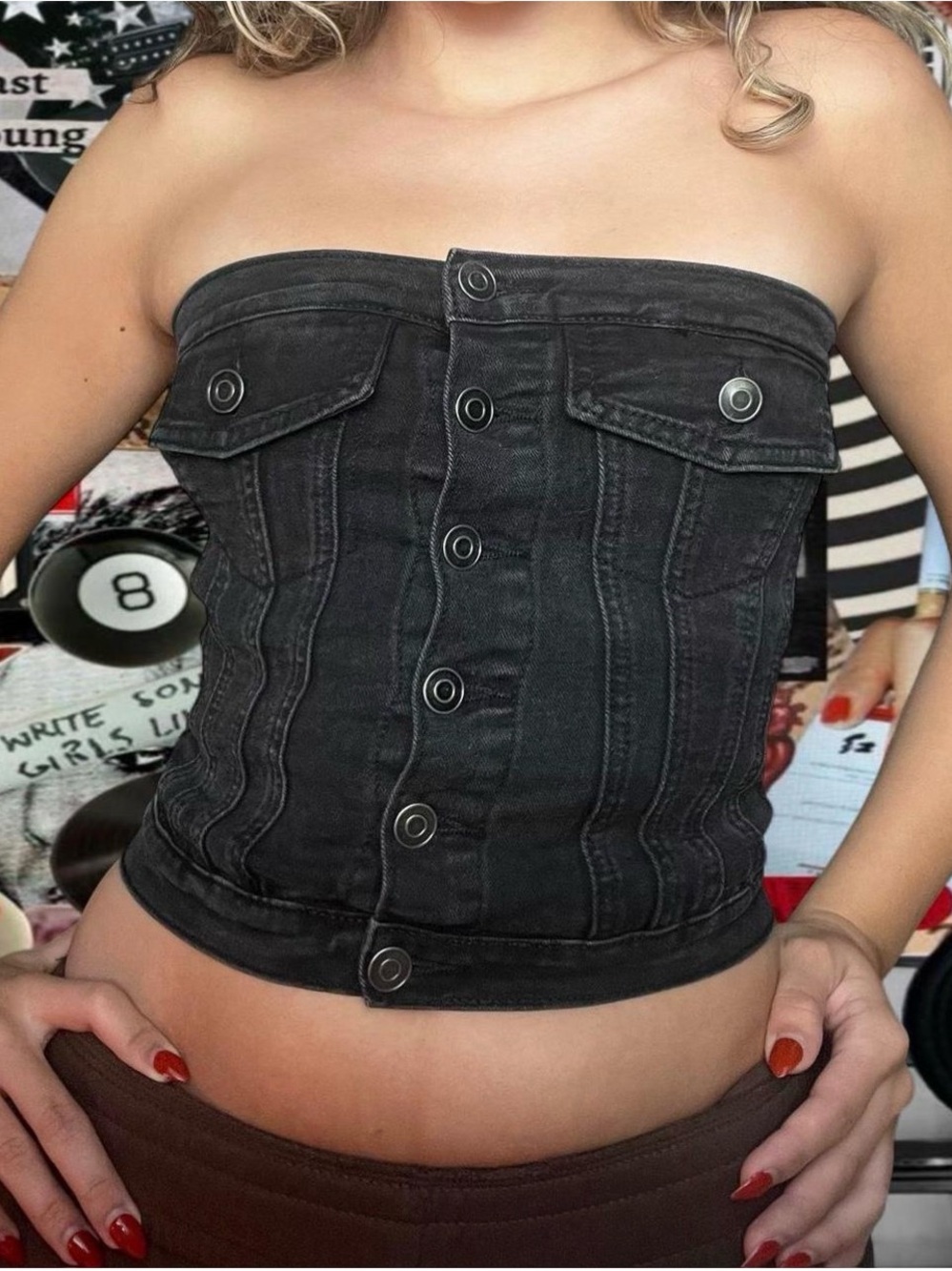 Strapless Black Denim Button-Front Crop Tube Top